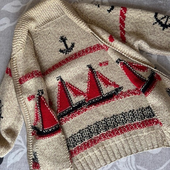 Vintage Sailing Wool Knit Cowichan Zip Cardigan 1950-70s cream red black - Picture 3 of 8